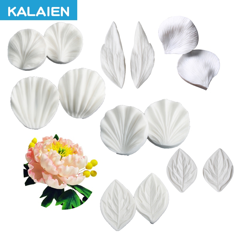 KALAIEN 2 件牡丹花瓣和葉子壓制矽膠模具翻糖蛋糕裝飾軟糖蛋糕矽膠紋模具口香糖粘貼工具
