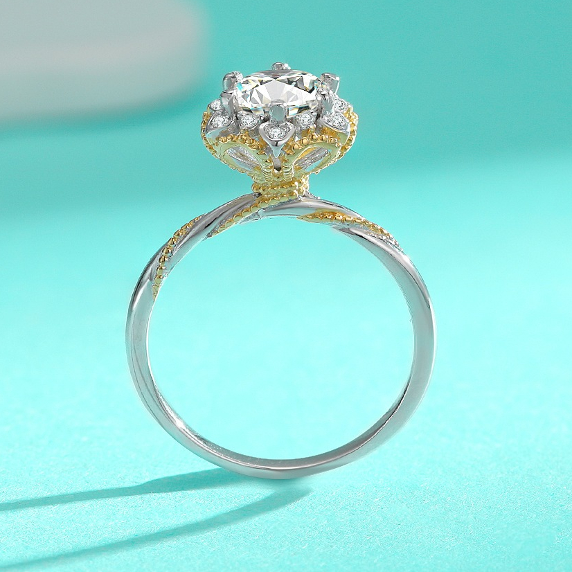莫桑石（6.5mm）戒指 女 925銀 D色莫桑鑽1ct 可通過測鑽筆檢測 帶GRA證書  藤蔓捧花雙色絲帶鑽戒