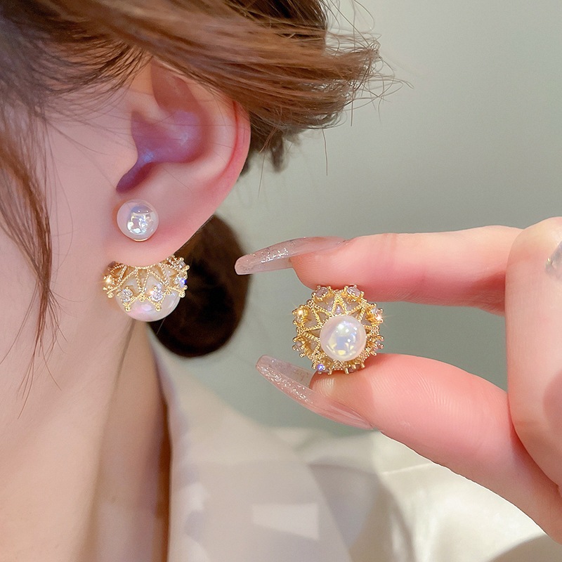 925銀針鑲鑽人魚姬珍珠雙面耳環時尚輕奢耳環氣質百搭耳飾品