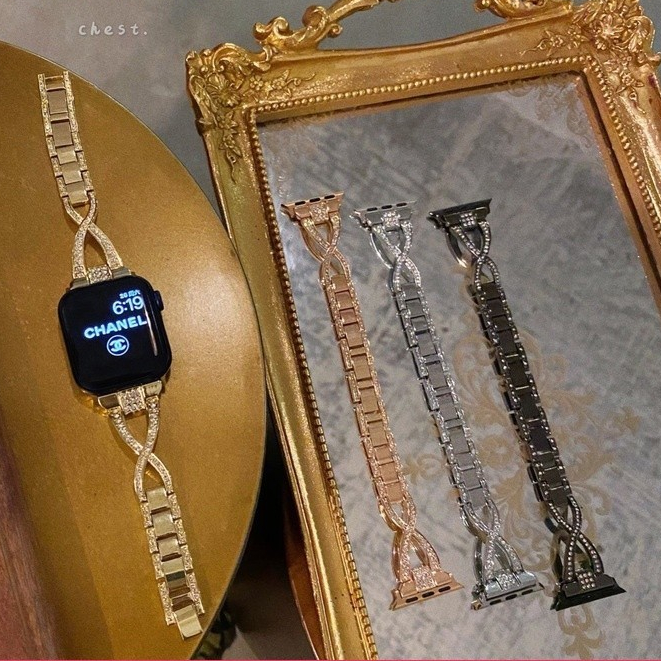 現貨 Apple Watch 鑲鑽金屬錶帶 iwatch S9 8 7 6 SE 鑲鑽女士錶帶 45mm 41mm