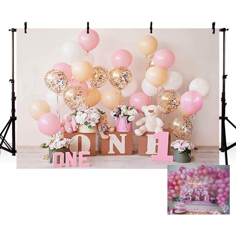 7x5 英尺玫瑰金氣球一歲生日派對背景女嬰甜美一歲花卉攝影背景人像攝影棚照片橫幅道具餐桌甜點用品