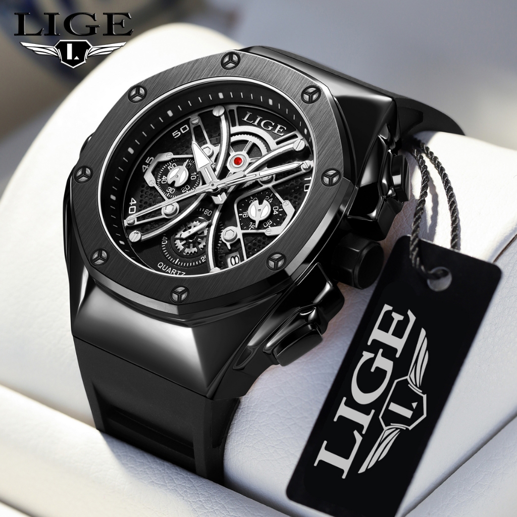 Lige 手錶男士防水石英橡膠錶帶隕石外殼設計夜光日期手錶
