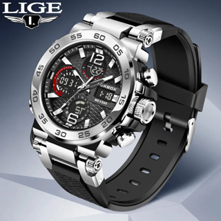 Lige 原廠類比數位男士手錶矽膠錶帶防水運動衫手錶計時碼表石英腕錶