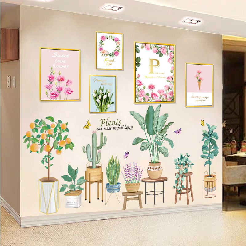 自粘綠植牆壁貼畫 背景牆裝飾牆貼 沙發牆貼畫 創意貼 植物盆栽+玫瑰相框