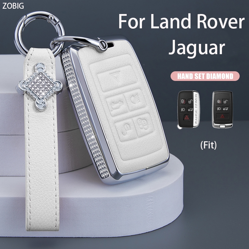 Zobig 鑽石 + 皮革鑰匙扣蓋適用於路虎汽車鑰匙包外殼帶鑰匙扣適用於 Fit Land Rover Discover