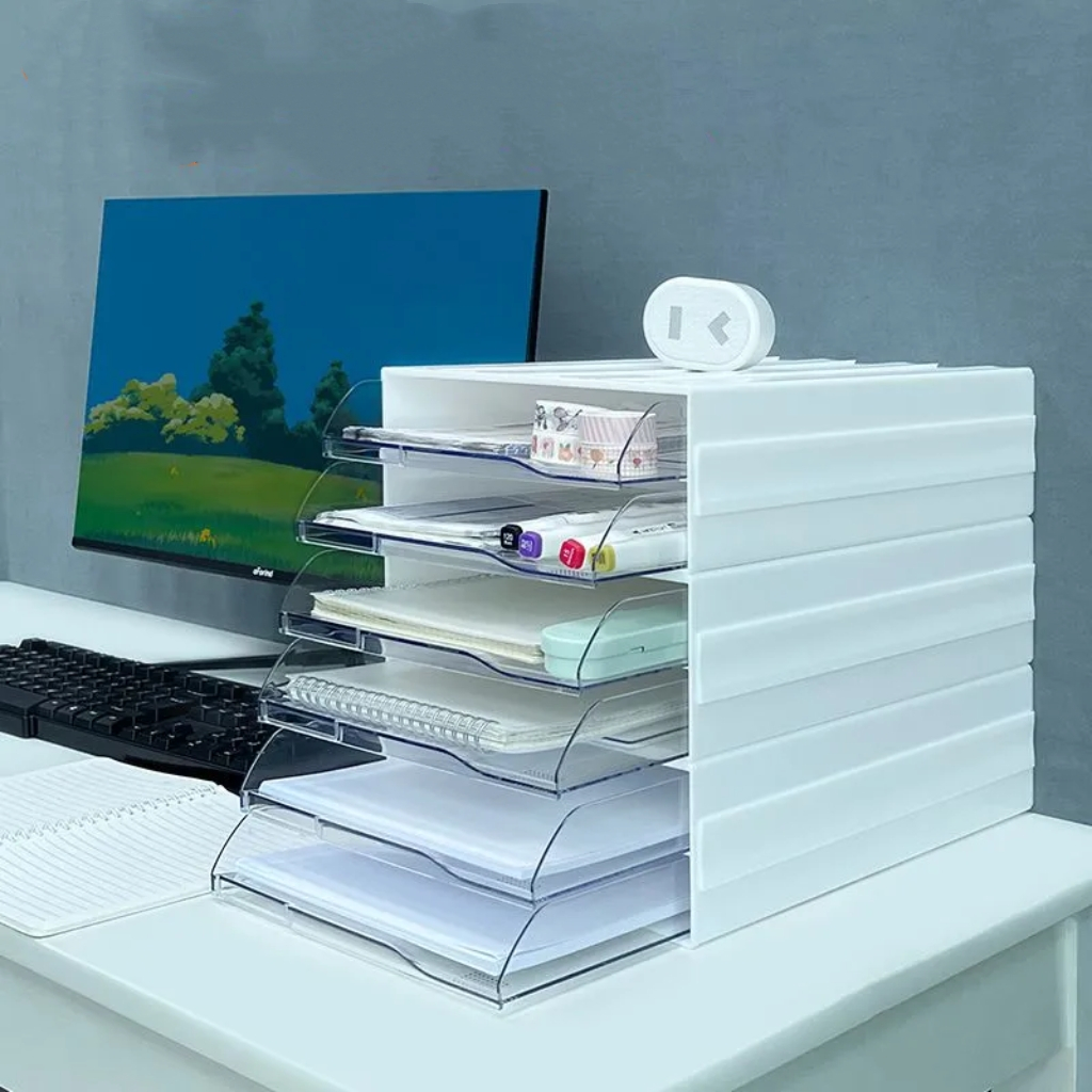 【買就送】桌面開口抽屜式層板文件收納盒 塑膠透明抽拉式分層白色整理盒