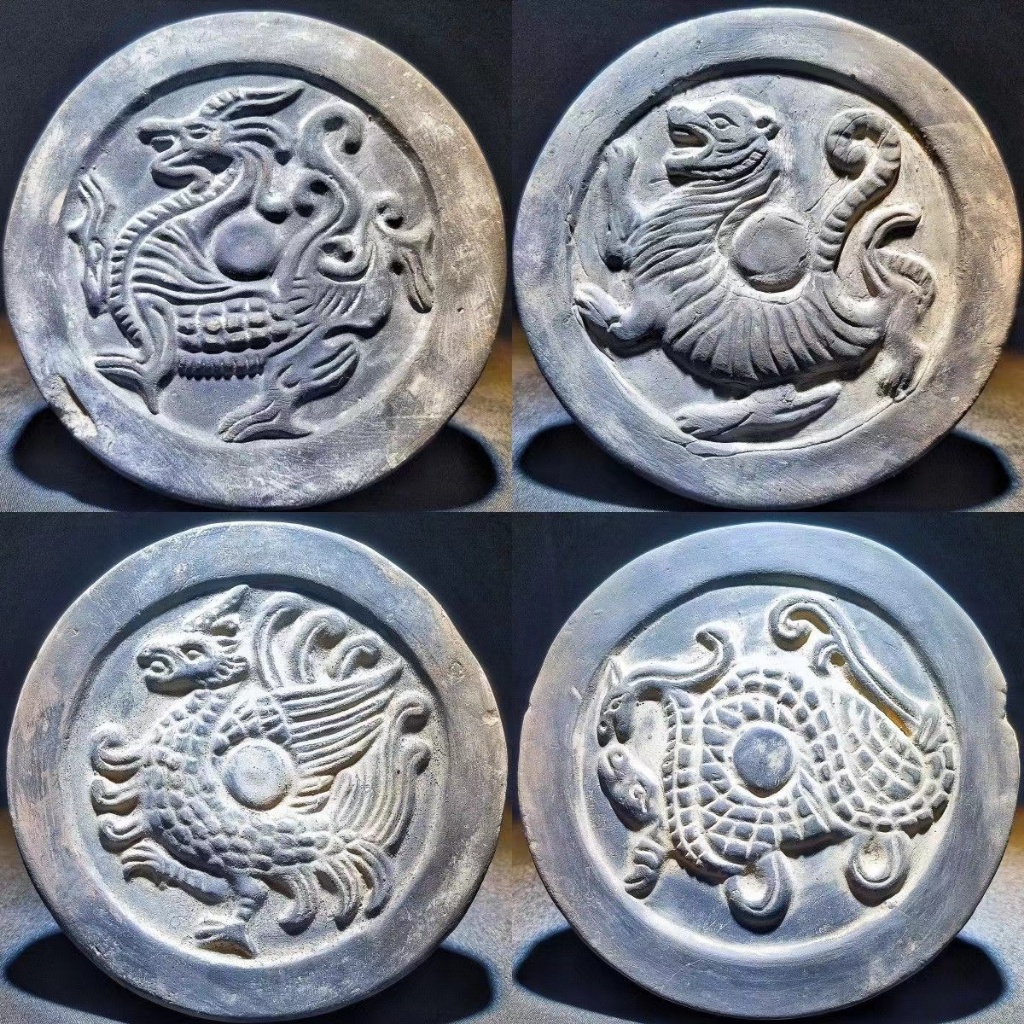 瓦當 四大神獸擺件 仿古漢代瓦當陶器拓片 底座壺承杯墊底座 製作素材 古建築收藏裝飾品