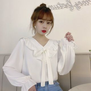 韓版夏季白襯衫女長袖荷葉邊寬鬆上衣蝴蝶結百搭襯衫
