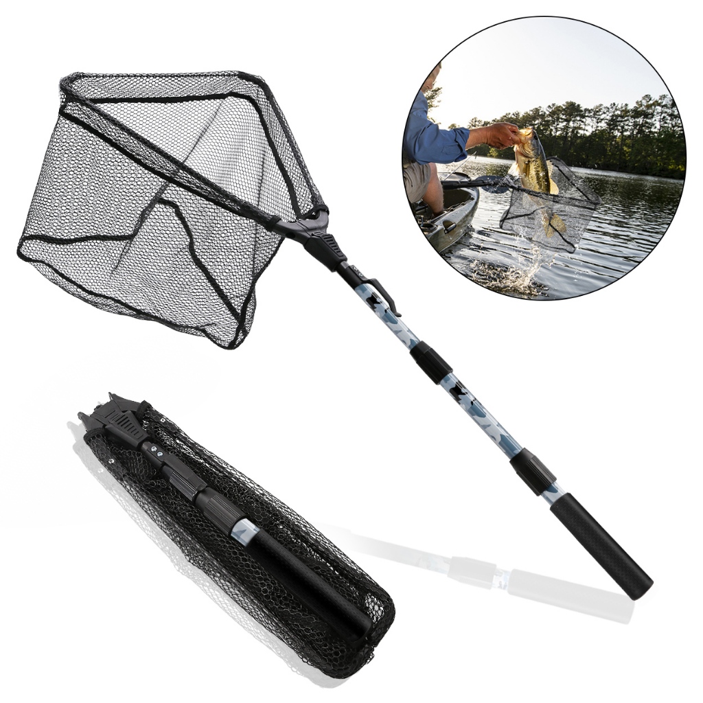 KOMCLUB漁網便攜式摺疊可伸縮玻璃纖維杆柄著陸黑色尼龍網伸縮杆漁具釣魚配件