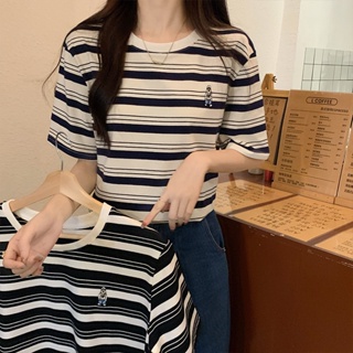 復古條紋短袖t恤女裝夏季韓版寬鬆顯瘦短袖純棉刺繡上衣