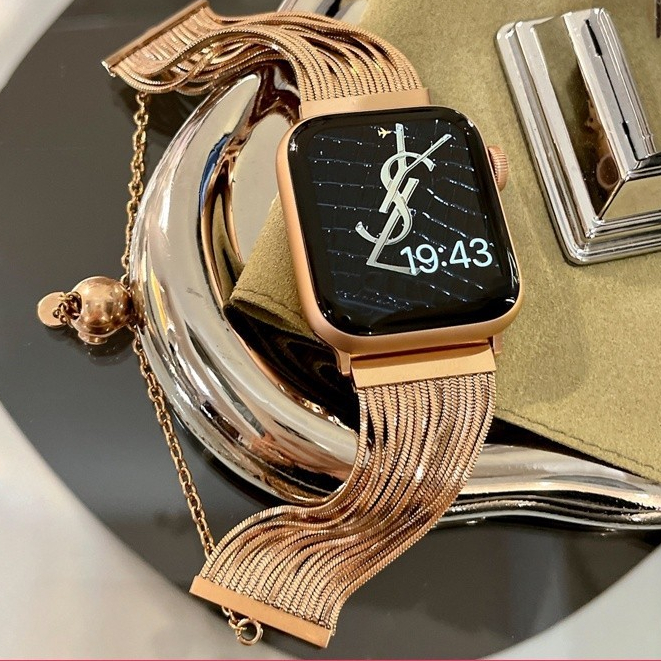 適用蘋果手錶Apple Watch 9代流蘇鏈手鐲錶帶 iwatch S9 8 7 6 SE不鏽鋼金屬錶帶 女士錶帶