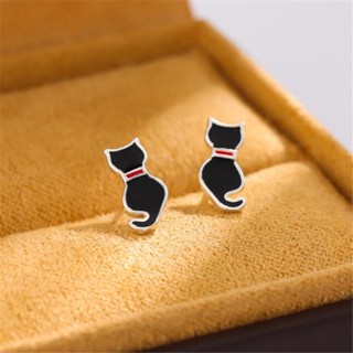 新款個性925純銀耳環 時尚可愛黑色小貓咪尾巴背影百搭耳環 女款小貓動物小清新耳環飾品 CE112