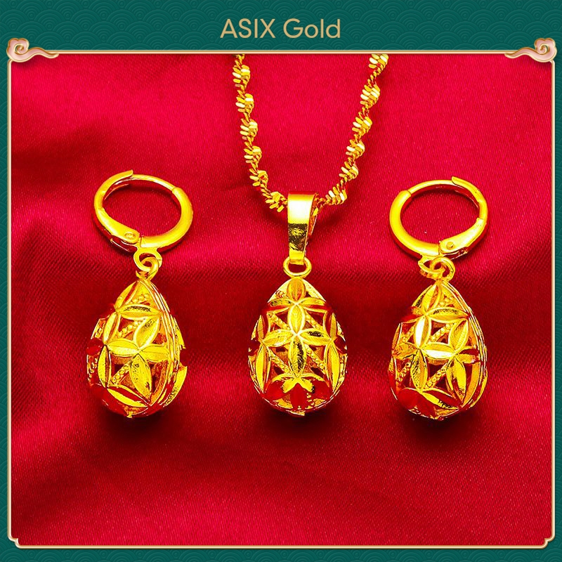 Asixgold 女士黃金 916 水滴項鍊耳環 2 合 1 首飾套裝 24K 金曼谷黃金首飾