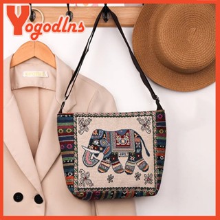 Yogodlns 民族風格刺繡大象帆布女士單肩包復古大容量手提包