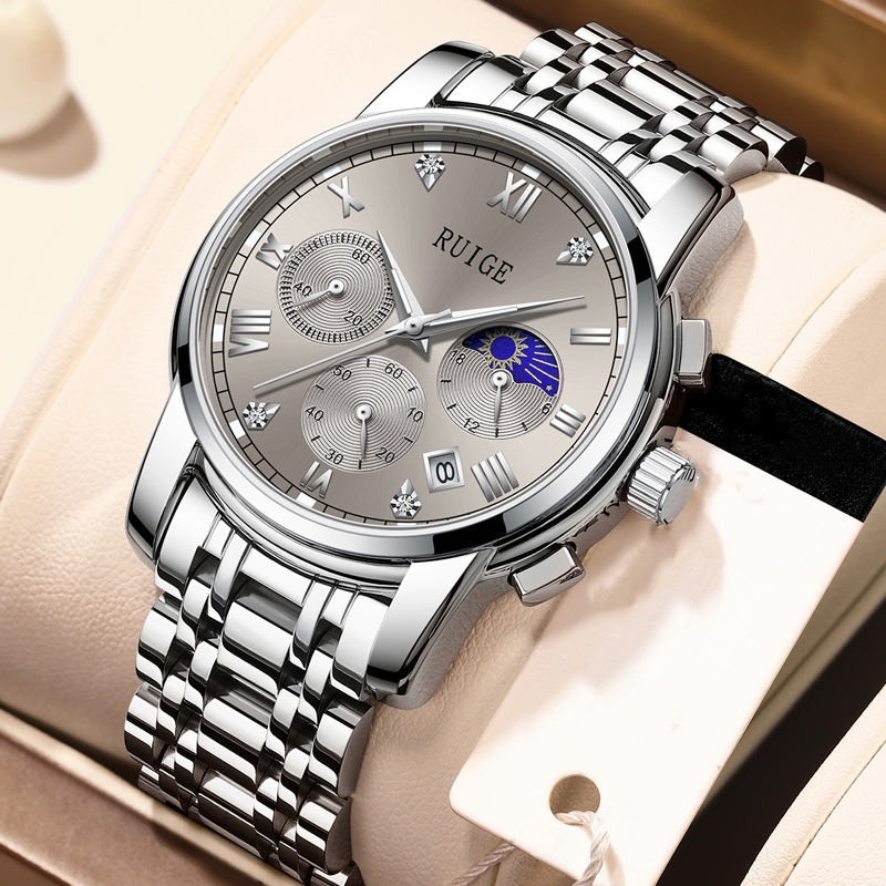瑞士品牌RUIGE新款男士手錶正品簡約休閒鋼帶男表防水夜光日月星辰腕錶