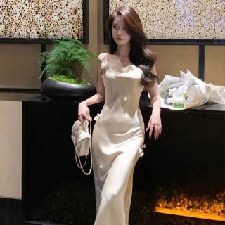 法式聚會派對性感吊帶長裙女裝緊身收腰高階設計立體花朵裝飾中長款緊身包臀魚尾洋裝