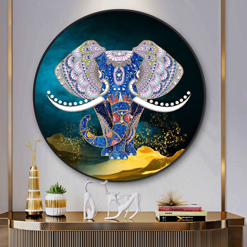 DIY滿鑽5D鑽石畫魔方圓鑽手工貼鑽畫 大象 圓形 客廳臥室裝飾畫