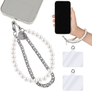 歐美新款珍珠金屬雙鏈條帶愛心手提鏈diy手機殼飾品手機鏈鑰匙扣包包吊飾
