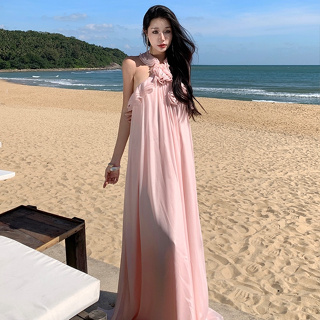 法式高級設計粉色立體花朵掛脖長裙女裝寬鬆旅行海邊沙灘度假中長款雪紡A字洋裝