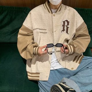 編織料皮袖外套男 拼色翻領格子外套 小香風拼接刺繡棒球服