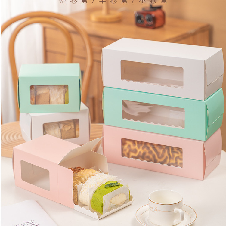 【現貨】【毛巾捲包裝盒】烘焙包裝 瑞士捲蛋糕捲紙盒 藍色粉色大小號長款 透明開窗手提盒 10個