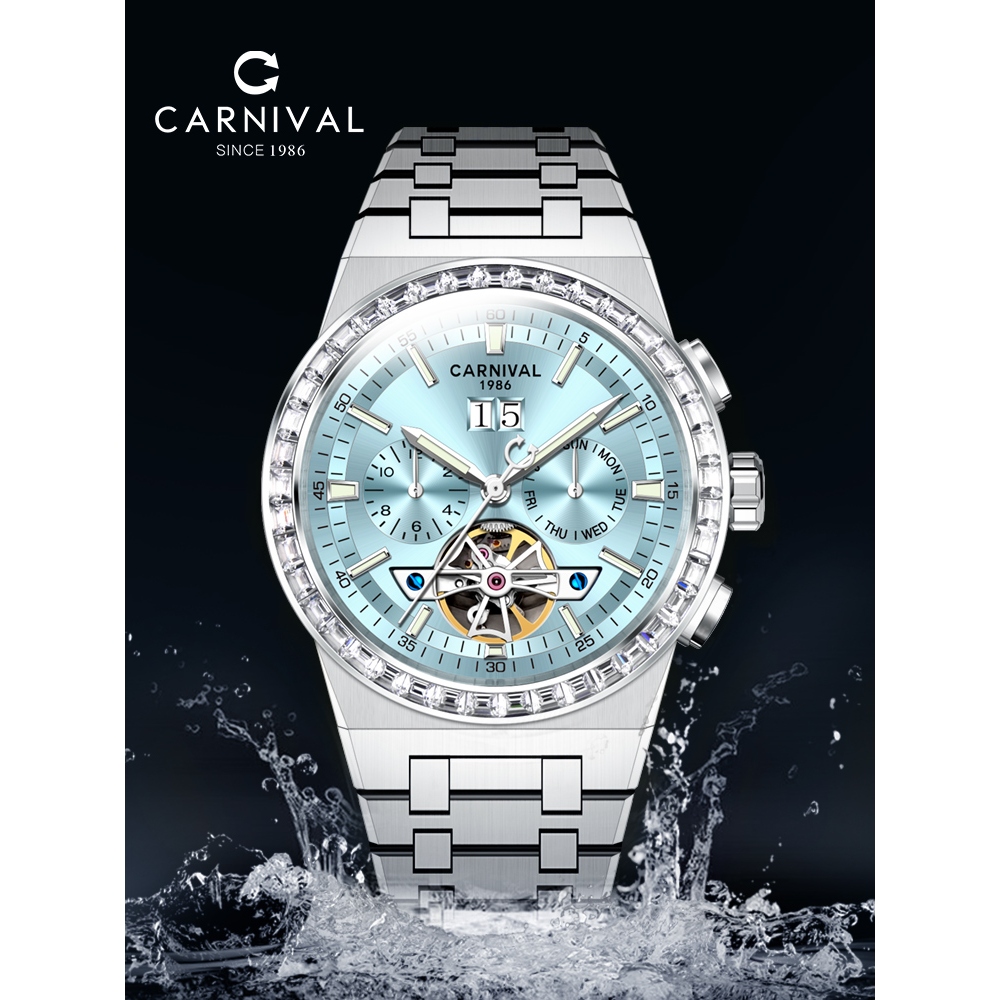 CARNIVAL8116G品牌手錶男生鑽圈自動機械手錶多功能防水手錶鏤空機械錶日曆腕錶