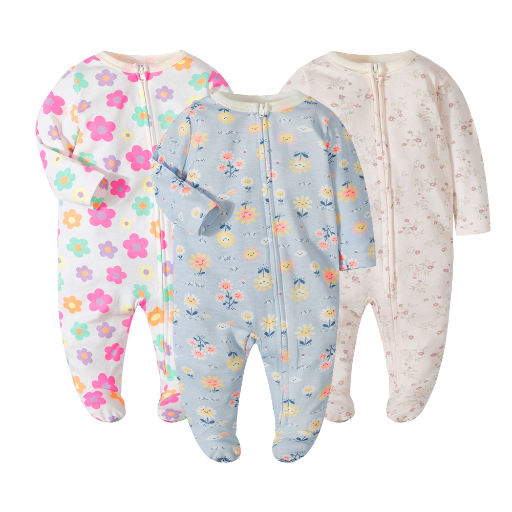 新生嬰兒棉質睡衣嬰兒連身衣女孩長袖拉鍊舒適連身衣