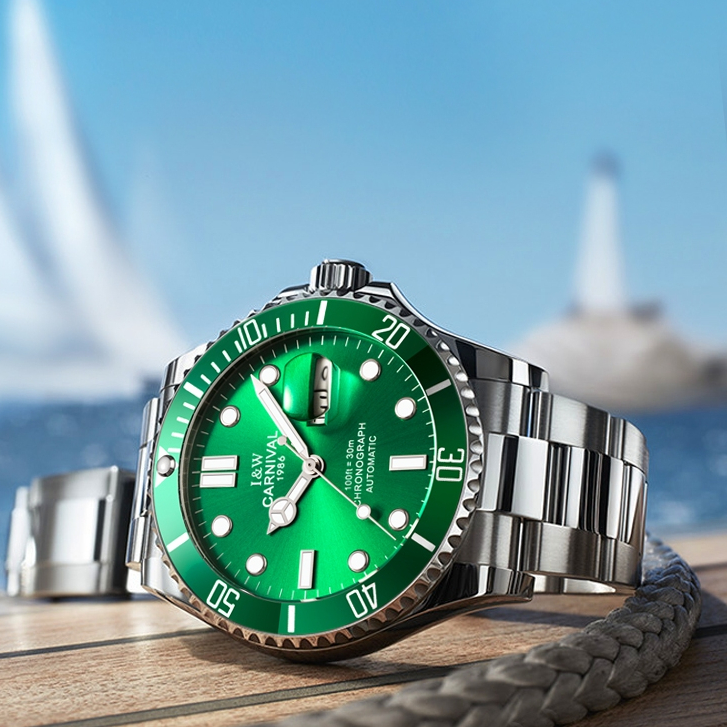 CARNIVAL嘉年華品牌8756高級品牌手錶 綠水鬼 全自動機械錶 日曆 夜光 防水 男士手錶 不鏽鋼錶帶手錶男生