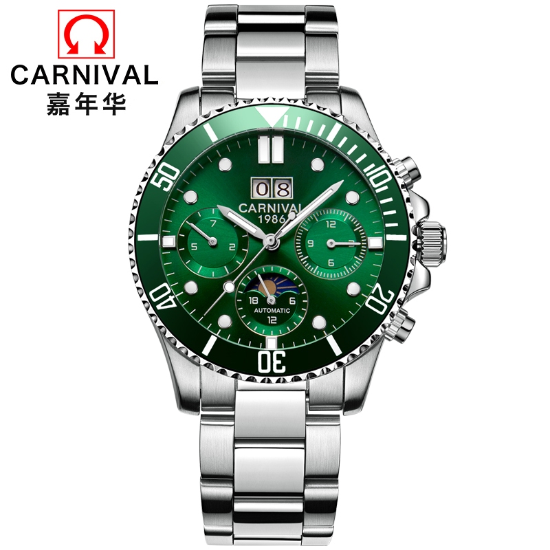 CARNIVAL嘉年華8880六針品牌原裝全自動機械手錶多功能六針機械錶不鏽鋼錶帶皮革錶帶男士商務休閒手錶夜光防水錶