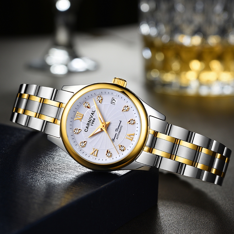 CARNIVAL嘉年華8830品牌全自動機械錶女休閒商務女士手錶防水日曆夜光學生手錶韓版不鏽鋼錶帶簡約女表