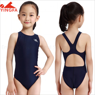 Yingfa 專業運動泳裝女童訓練泳衣,兒童黑色連體泳衣比賽