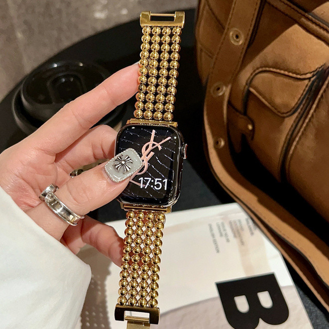 適用蘋果手錶AppleWatch 9代不鏽鋼珠子錶帶 iwatch S9 8 7 6 SE 不鏽鋼錶帶 珠子金屬錶帶 女