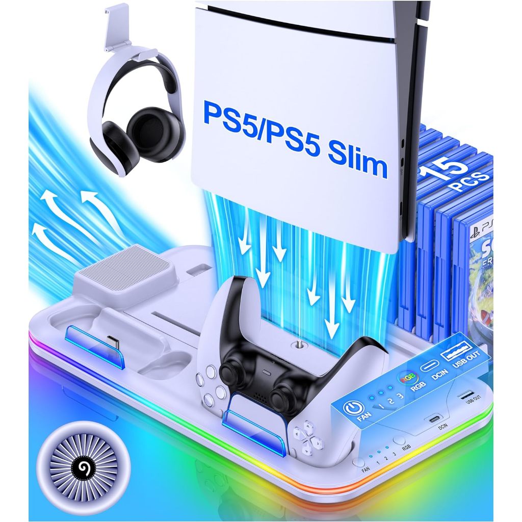 多功能RGB PS5/PS5 Slim/PS5 Pro/主機散熱底座 PS5手把充電座 遊戲卡帶收納架