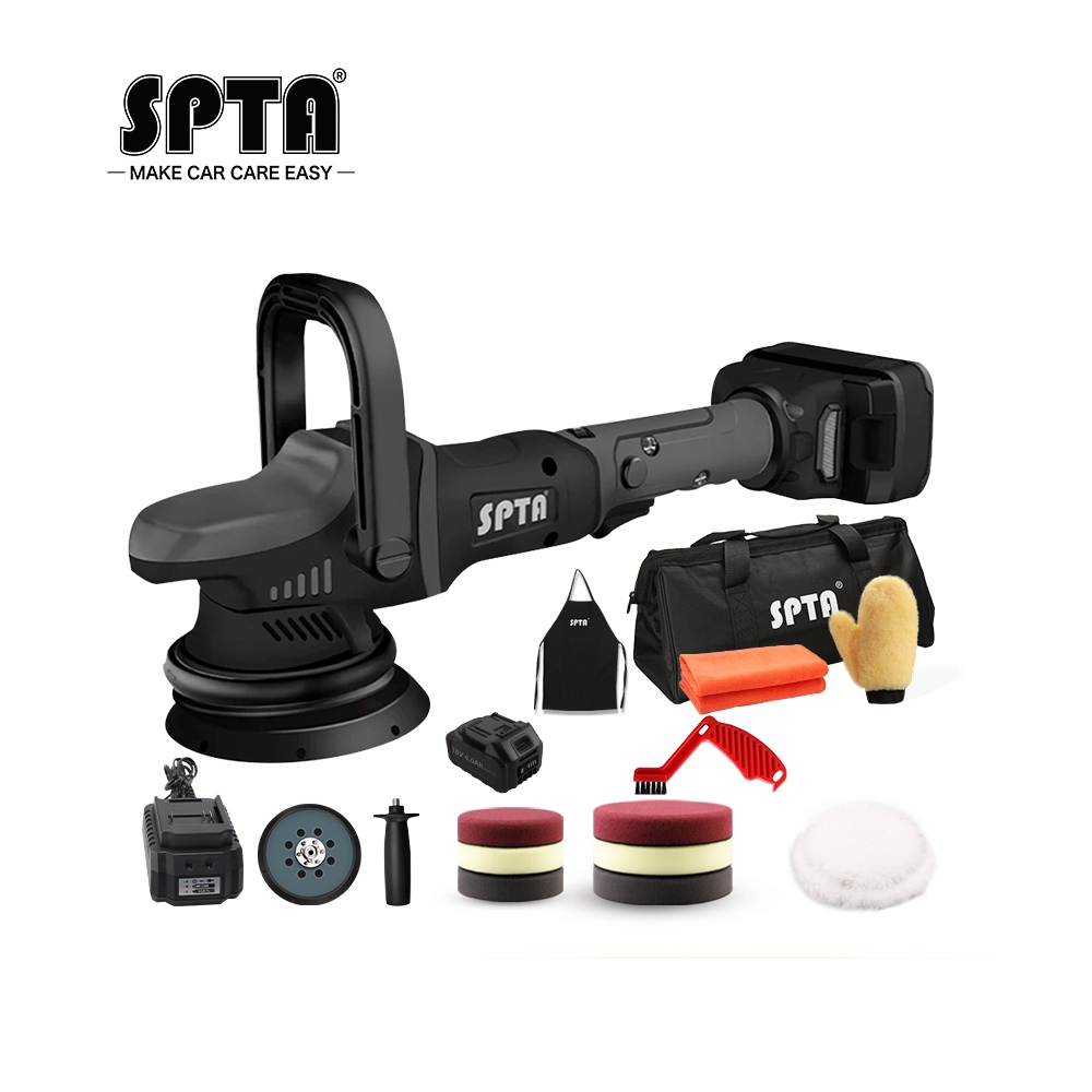 SPTA 18V無線汽車打拋機 15mm軌道 1800-4800rpm變速 拋光機 打蠟拋光機划痕修復 無線偏心DA機