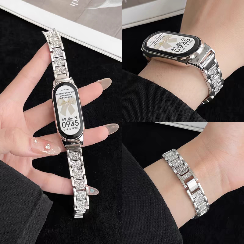 適用小米手環8金屬錶帶 智能運動7/6/5/nfc腕帶金屬鑲鑽時尚錶帶