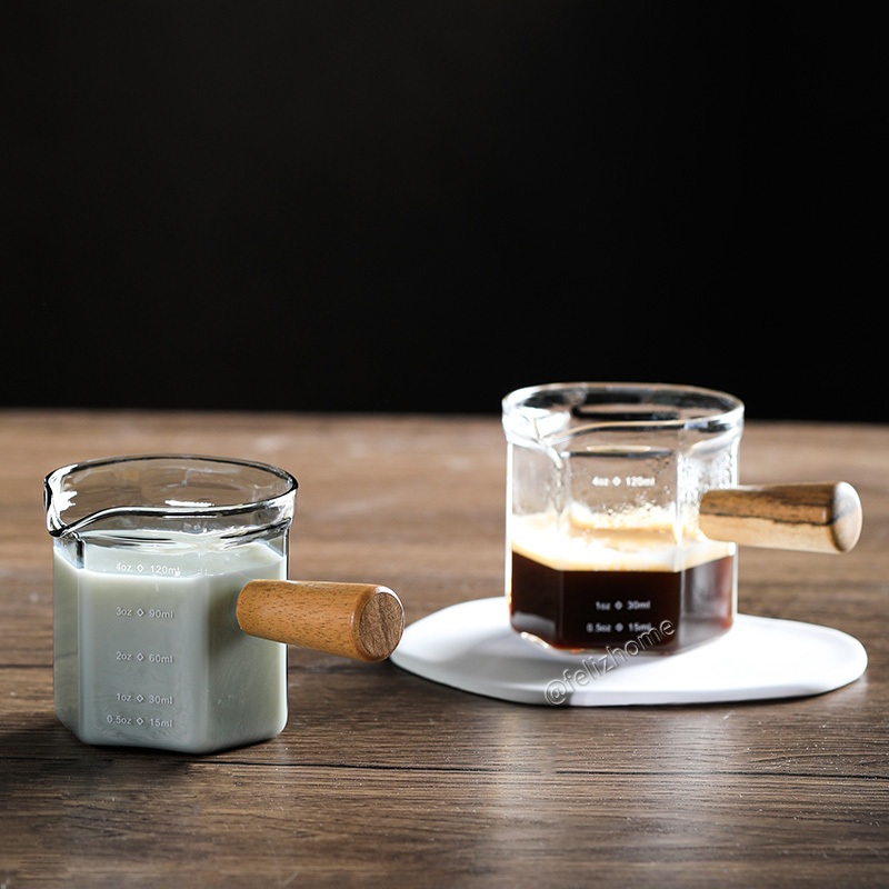 迷你咖啡杯意式濃縮盎司杯耐熱玻璃萃取小量杯防燙木柄醬料杯120ML