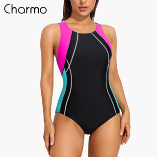 Charmo 女士連體運動泳衣運動專業訓練泳衣拼色縫製文胸緊身泳裝