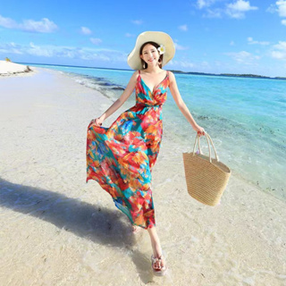 新款熱銷洋裝2020新款夏女裝雪紡吊帶碎花沙灘裙海邊度假旅行長裙81198