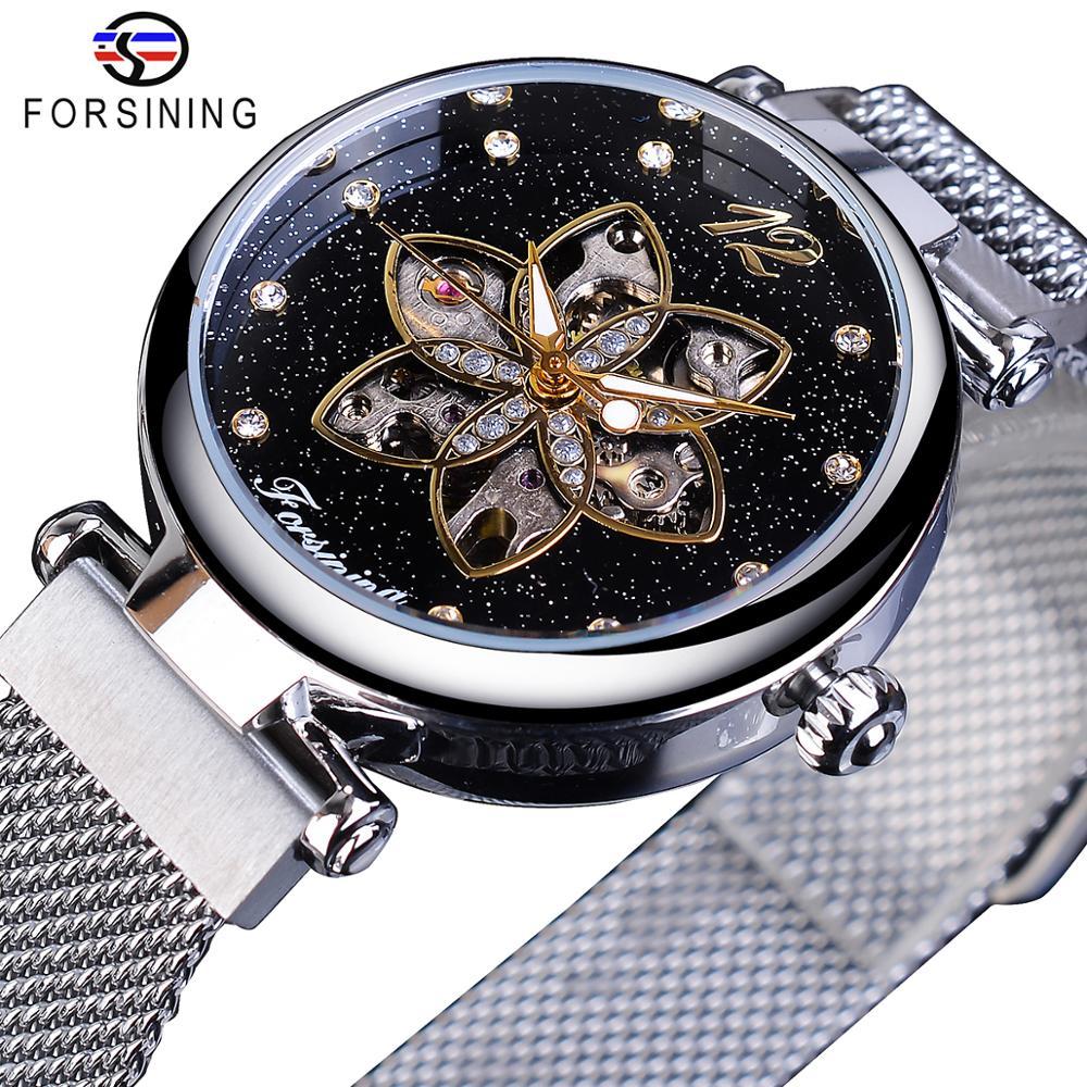 Forsining機械女士手錶頂級品牌豪華鑽石不銹鋼創意花卉設計手錶防水時鐘。 女士們
