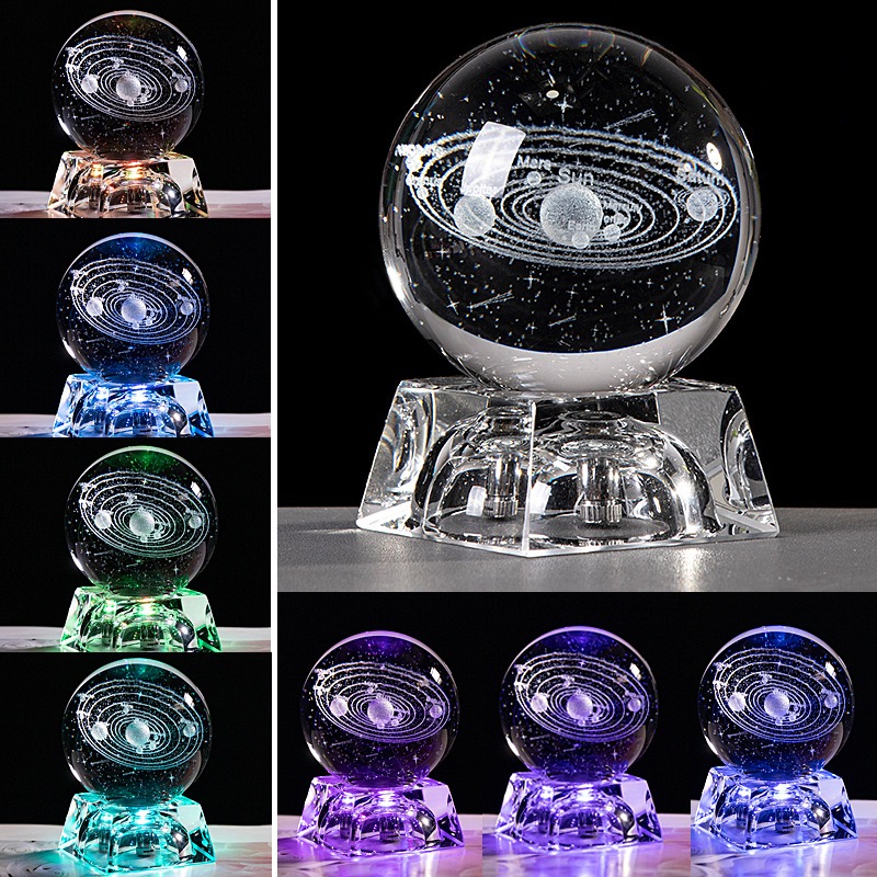 全新 60 毫米透明玻璃雕刻太陽系水晶球 + LED 水晶底座禮物