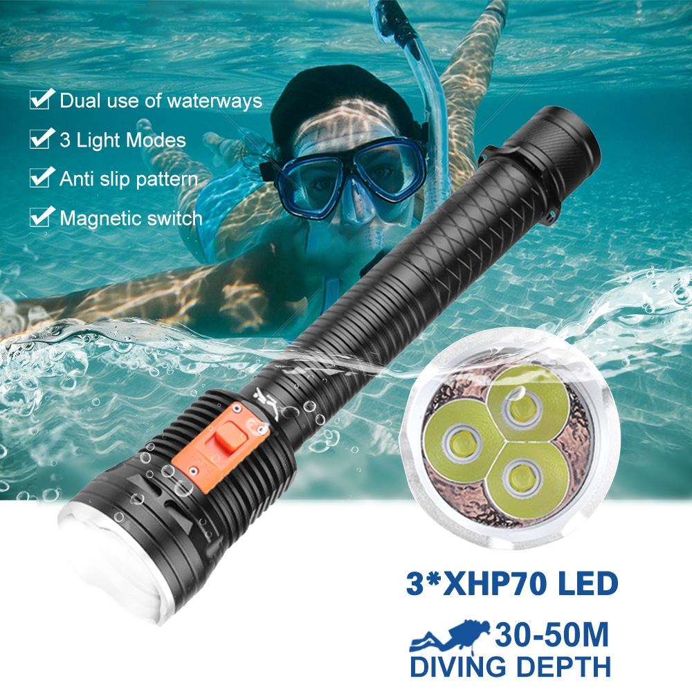 潛水手電筒 3000LM P70 LED 水下燈磁性開關 300M 範圍 IPX8 防水 50M 水下肺手電筒 D899