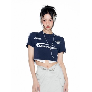 【S-XL】夏季女裝新款美式復古運動風辣妹短版假兩件字母印花T恤