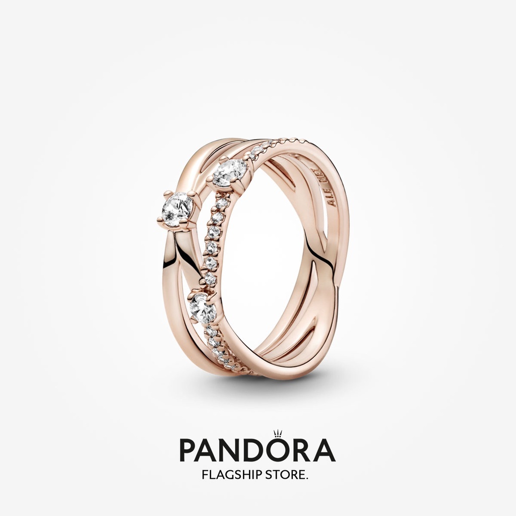 PANDORA 正品原裝 S925 純銀潘多拉鍍玫瑰金閃亮三環戒指
