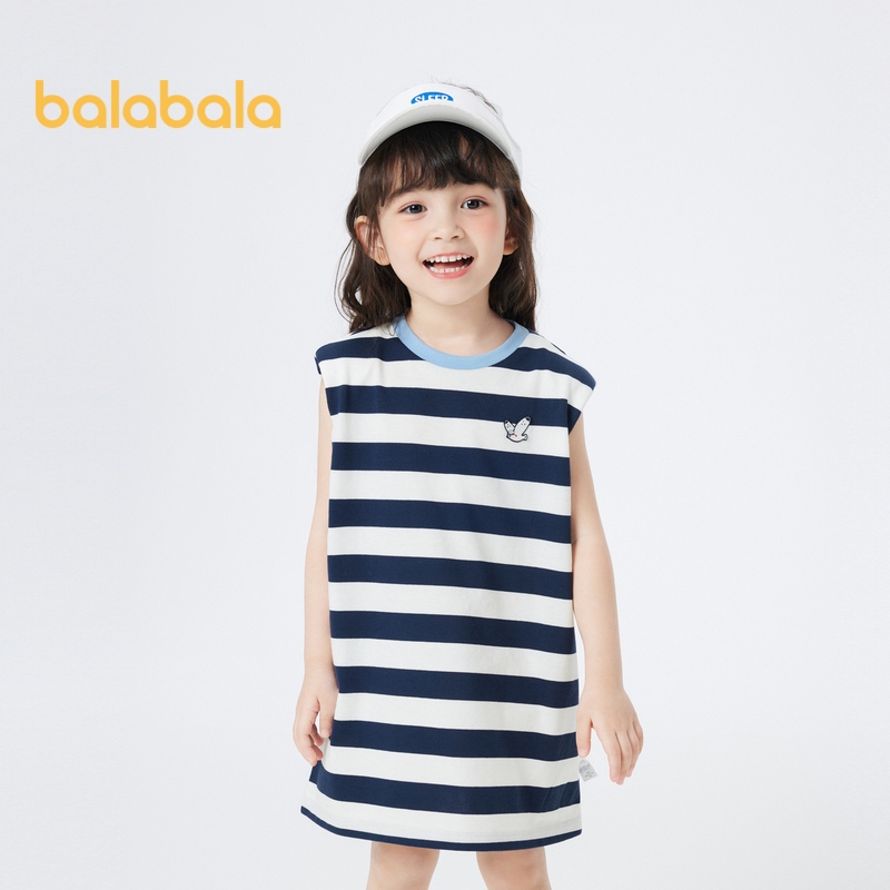 Balabala兒童連衣裙女童連衣裙夏季2024新款小童寶寶經典條紋連衣裙