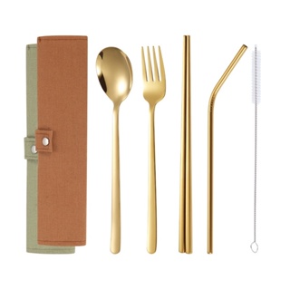 304不鏽鋼餐具套裝 戶外旅行便攜式餐具袋 韓系湯匙叉筷子吸管六件套