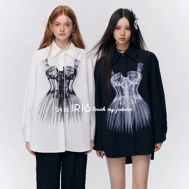 「原創設計」IRIS  x TRIL 系列  24新款  廢土風迎著風長袖黑白襯衫女 IS72023
