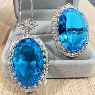 爆款熱賣嘻哈ins鑲鑽大寶石戒指吊墜首飾套裝韓版時尚潮流重工設計潮閃花卉鳥巢切工大裸寶石鑲鑽女士項鍊飾品