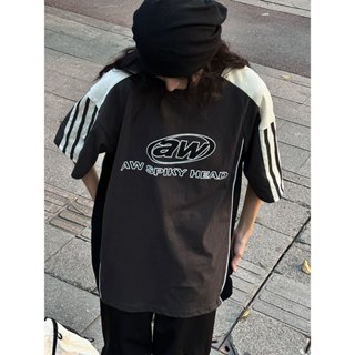 【M-2XL】美式街頭短袖T恤男女oversize寬鬆賽車服撞色休閒潮流上衣