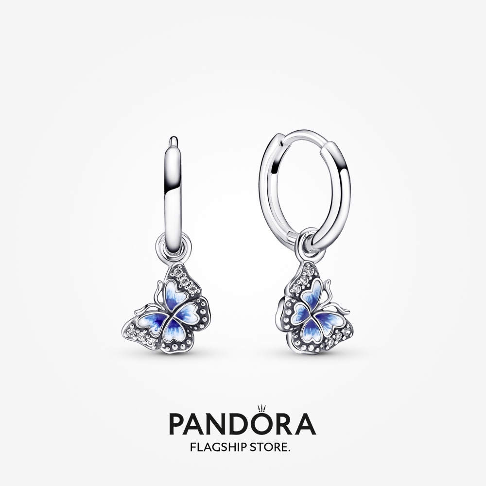PANDORA 正品原裝 S925 純銀潘多拉藍色蝴蝶圈耳環