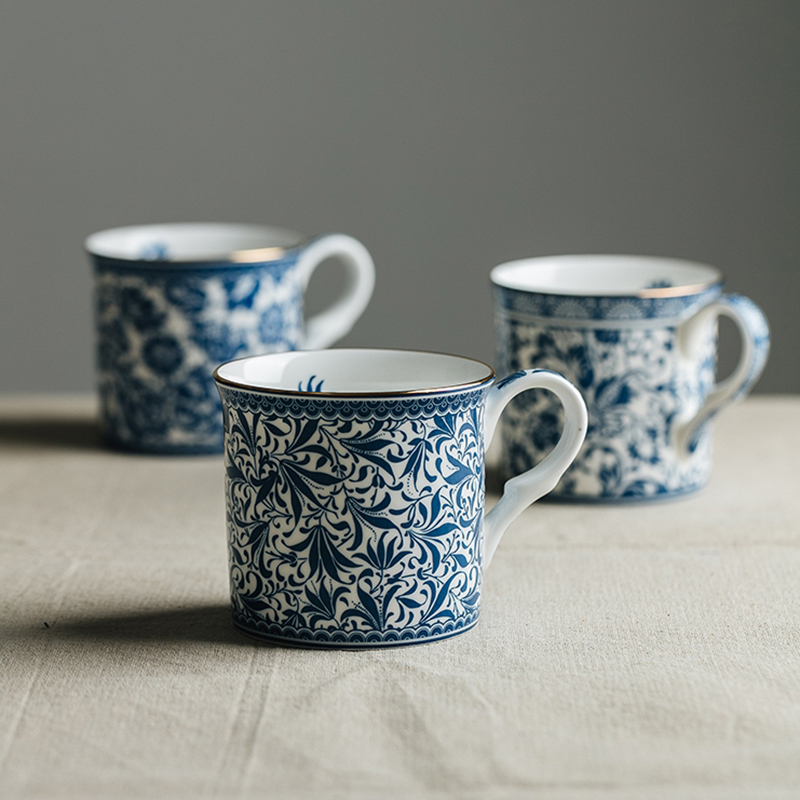 古典咖啡杯 骨瓷 310ml 水杯  英式滿花草紋青花風格